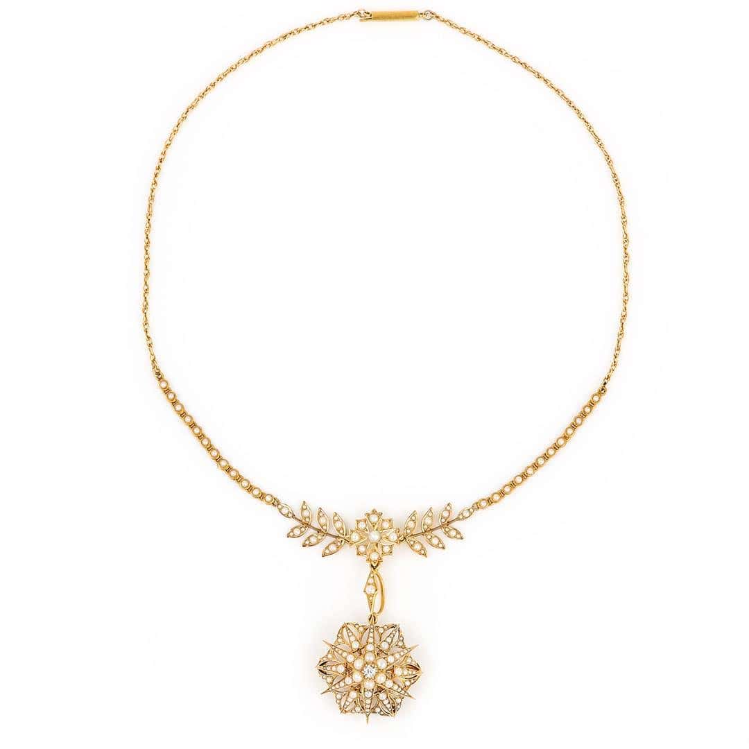 Antique Edwardian 15ct Gold Pearl and Diamond Collarette with Pendant and Star Brooch