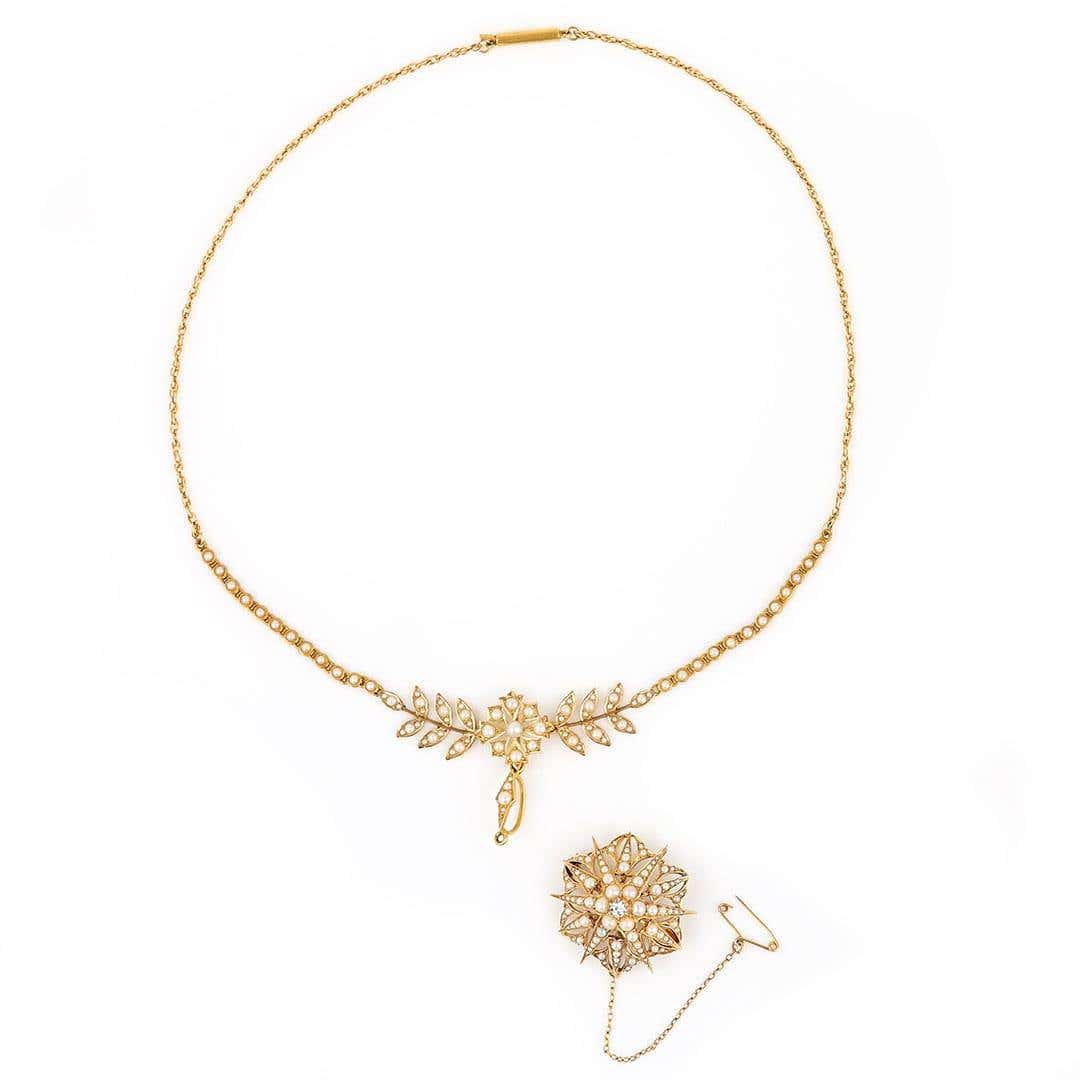 Antique Edwardian 15ct Gold Pearl and Diamond Collarette with Pendant and Star Brooch