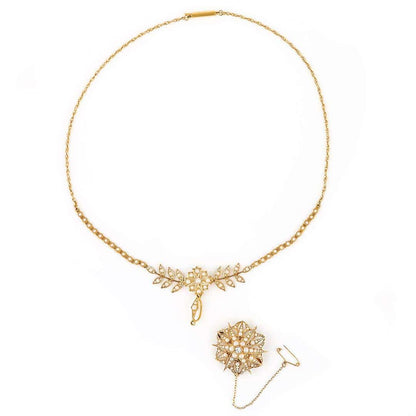 Antique Edwardian 15ct Gold Pearl and Diamond Collarette with Pendant and Star Brooch
