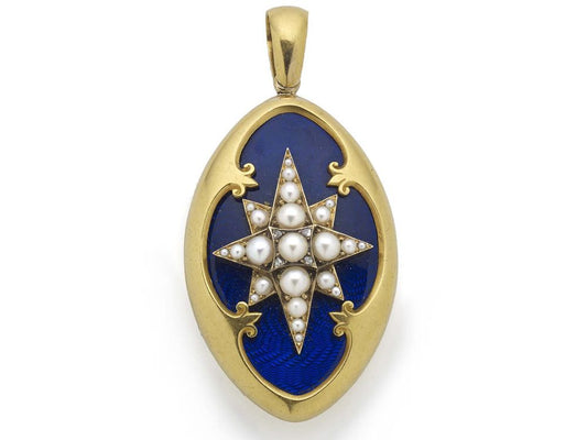 Victorian Blue Enamel Pearl Diamond Gold Locket