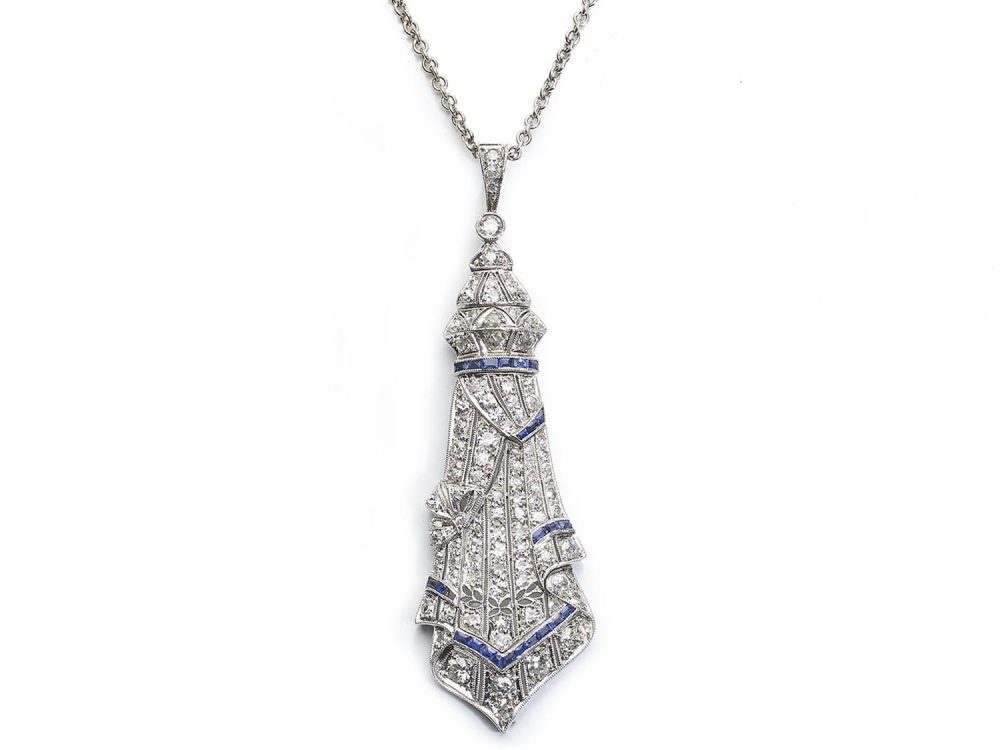 Art deco sapphire and diamond drop pendant, Platinum, 1925
