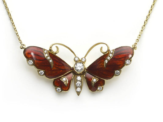 Red Enamel, Diamond and Gold Butterfly Pendant