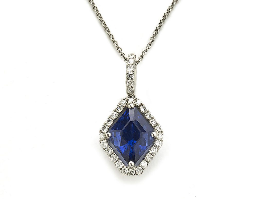 Sapphire and diamond pendant platinum fine jewellery discovery lozenge shape marquise blue