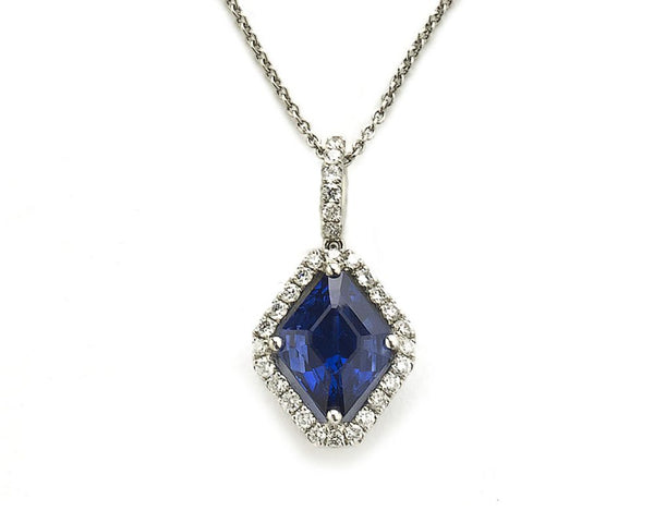 Sapphire and diamond pendant platinum fine jewellery discovery lozenge shape marquise blue