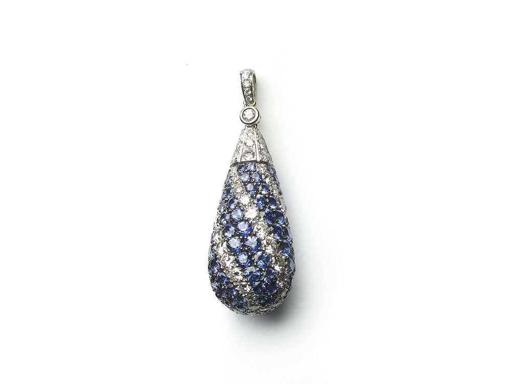 Contemporary 7.70ct Sapphire Diamond Pear Drop Pendant