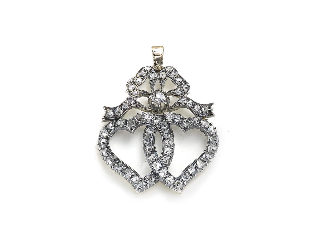 Antique Victorian Diamond Double Heart and Bow Pendant