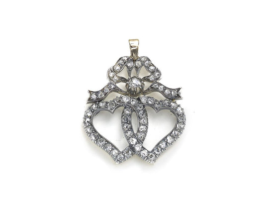 Antique Victorian Diamond Double Heart and Bow Pendant