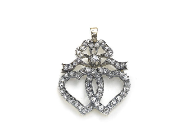Antique Victorian Diamond Double Heart and Bow Pendant
