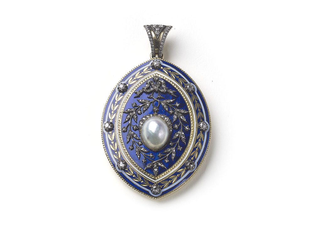 Antique Victorian Blue Enamel Pearl Diamond Pendant