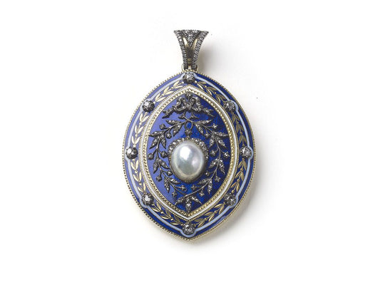 Antique Victorian Blue Enamel Pearl Diamond Pendant