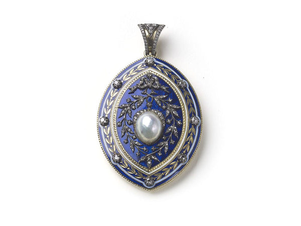 Antique Victorian Blue Enamel Pearl Diamond Pendant