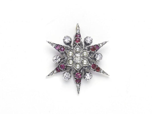 Antique Victorian Ruby Pearl Diamond Star Pendant