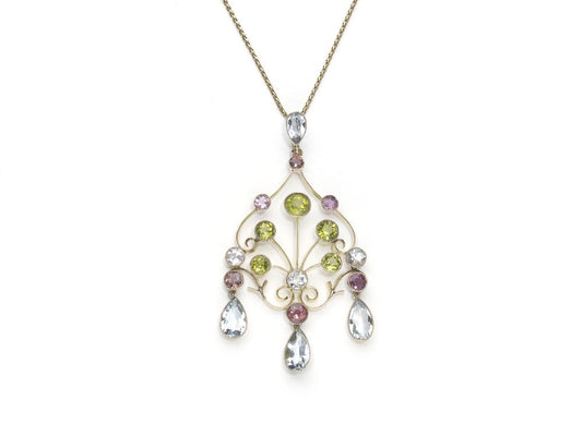 Aquamarine Peridot Pink Tourmaline Yellow Gold Pendant