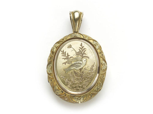 Antique Victorian Gold Locket, with Bird & Plants