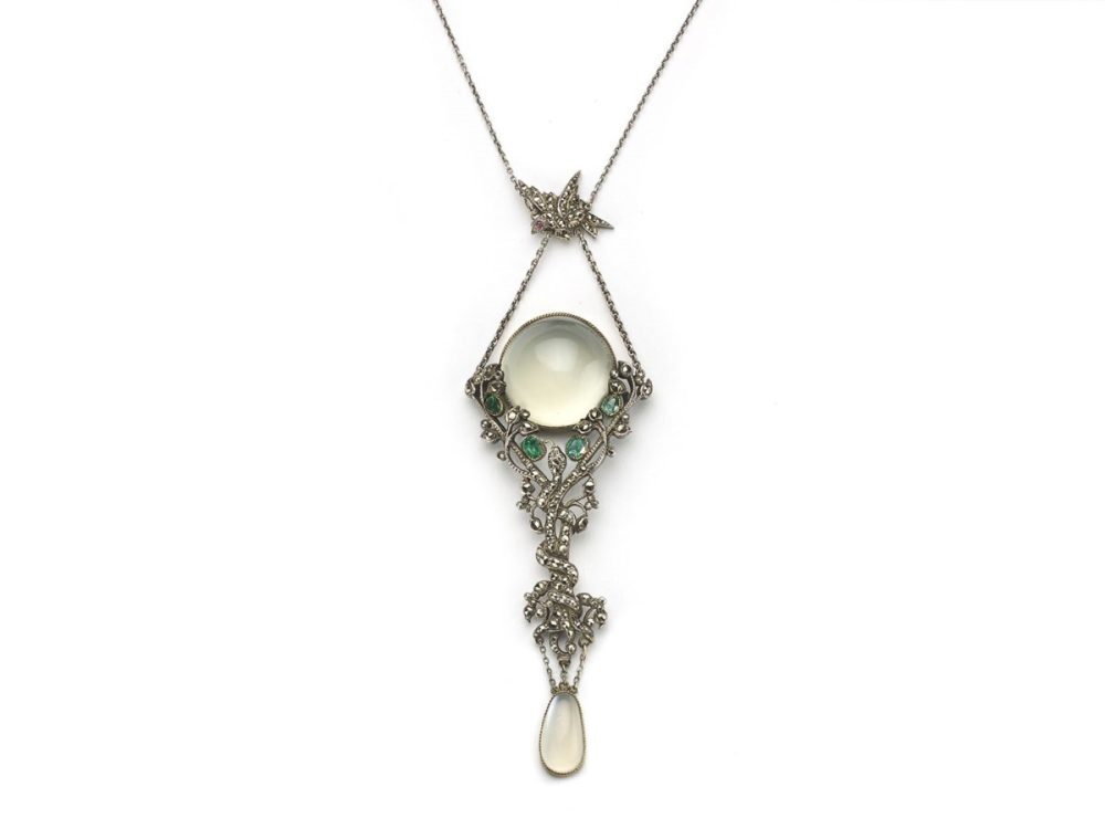 Antique Art Nouveau Moonstone, Emerald & Marcasite Pendant