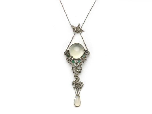 Antique Art Nouveau Moonstone, Emerald & Marcasite Pendant