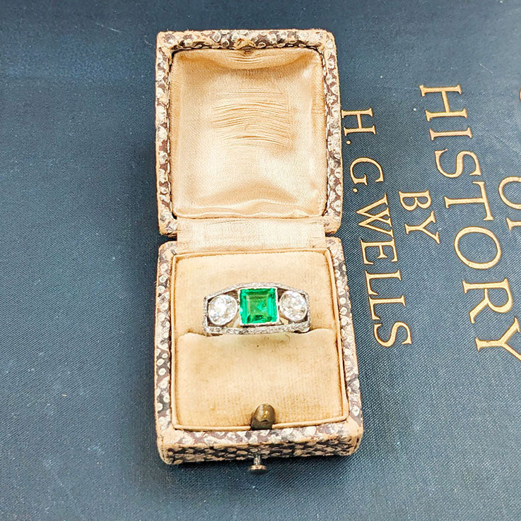 Edwardian Antique 1.40ct Emerald and 1.30ct Old Cut Diamond Three Stone Engagement Ring in Platinum