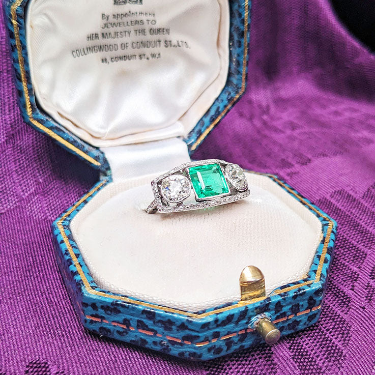 Edwardian Antique 1.40ct Emerald and 1.30ct Old Cut Diamond Three Stone Engagement Ring in Platinum
