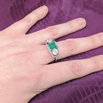 Edwardian Antique 1.40ct Emerald and 1.30ct Old Cut Diamond Three Stone Engagement Ring in Platinum