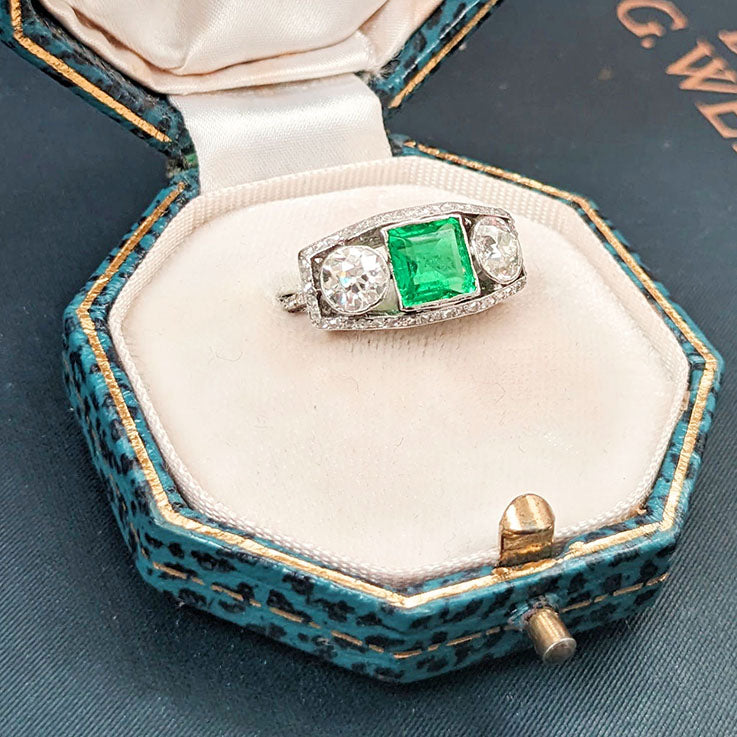 Edwardian Antique 1.40ct Emerald and 1.30ct Old Cut Diamond Three Stone Engagement Ring in Platinum