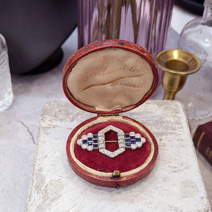 Art Deco Sapphire and Old Cut Diamond Brooch in Platinum