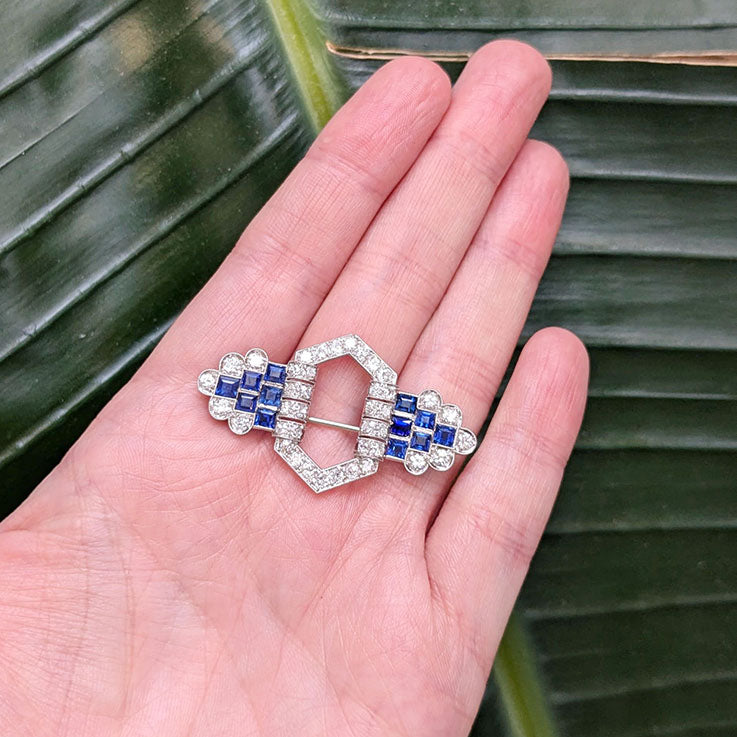 Art Deco Sapphire and Old Cut Diamond Panel Brooch in Platinum