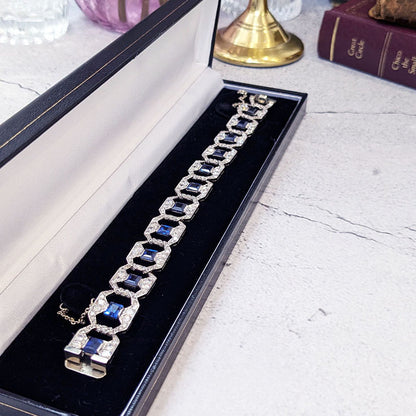 Art Deco French 8.64ct Trap Cut Sapphire and 8.40ct Old Cut Diamond Bracelet in Platinum
