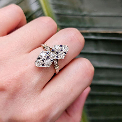 Edwardian Antique Sapphire and Diamond Chequerboard Cluster Plaque Ring