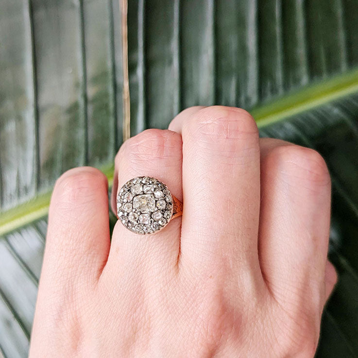 Georgian Antique 1.50ct Old Mine Cut Diamond Cluster Ring