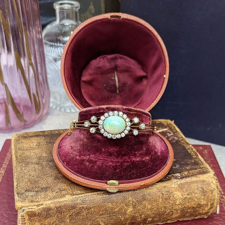Antique Opal and Diamond Cluster Bangle Bracelet