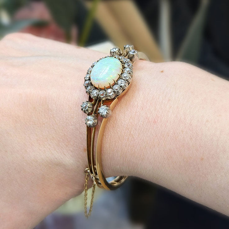Antique Opal and Diamond Cluster Bangle Bracelet
