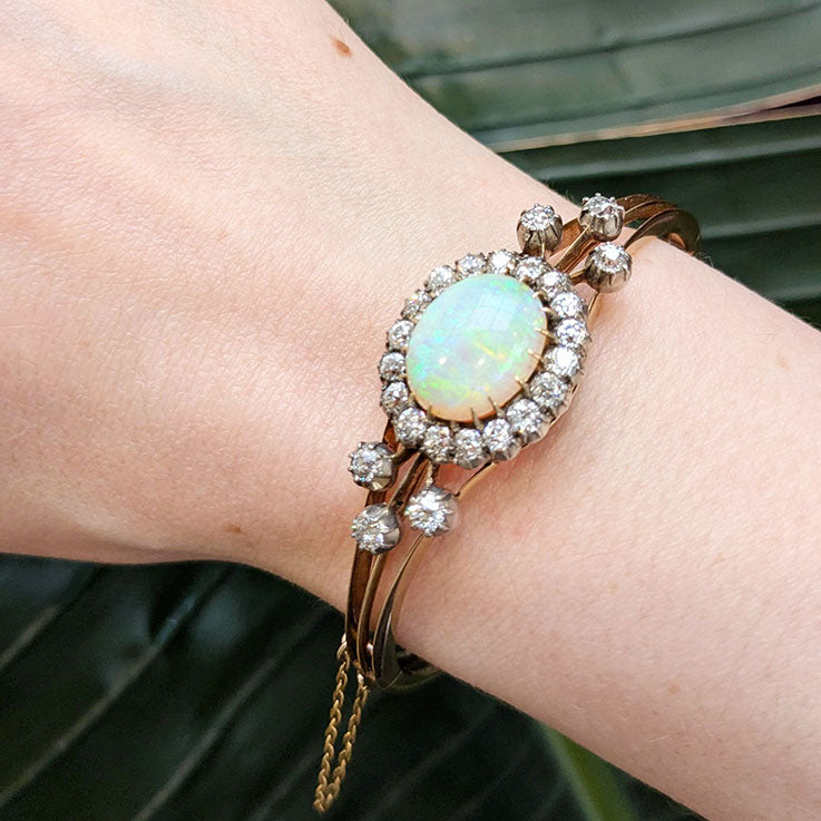 Antique Opal and Diamond Cluster Bangle Bracelet