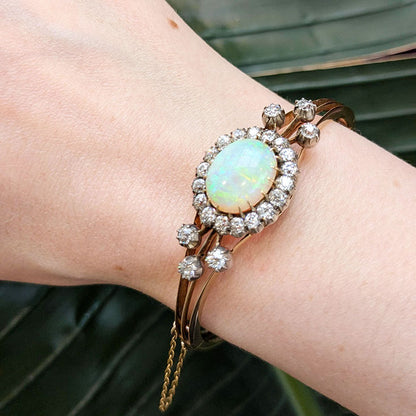 Antique Opal and Diamond Cluster Bangle Bracelet