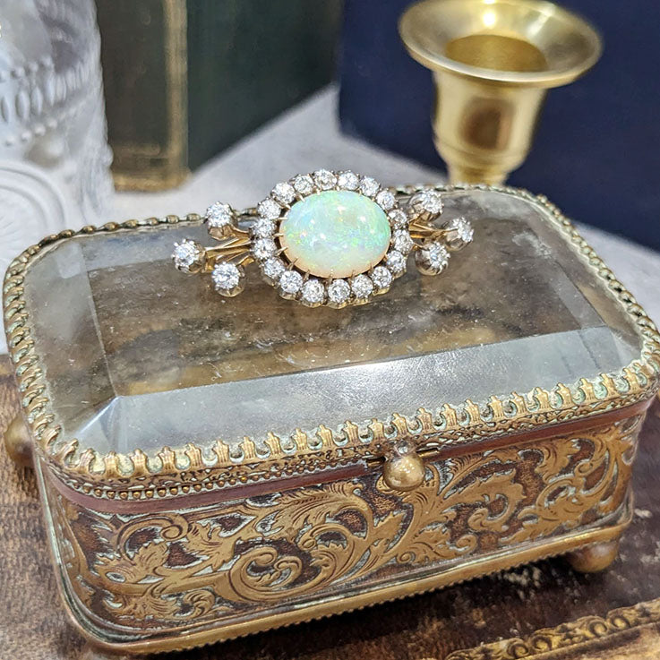 Antique Opal and Diamond Cluster Bangle Bracelet