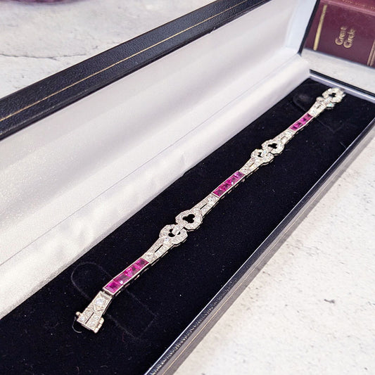 Art Deco Ruby and Diamond Line Bracelet in Platinum