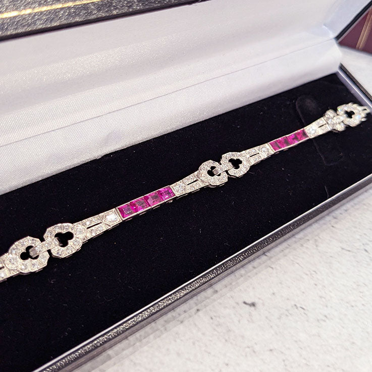 Art Deco Ruby and Diamond Line Bracelet in Platinum