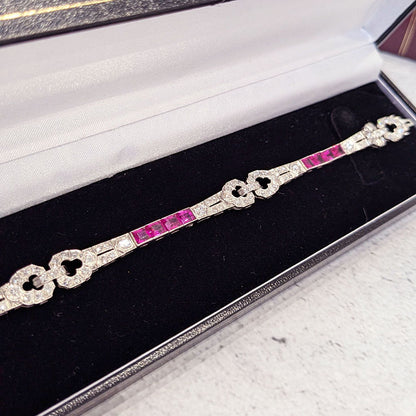 Art Deco Ruby and Diamond Line Bracelet in Platinum