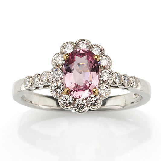 Padparadscha Sapphire and Diamond Cluster Ring