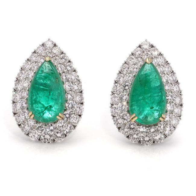 Pear Cabochon Cut Emerald and Diamond Double Cluster Earrings, Emeralds 23.36 carats Diamond 10.03 carats