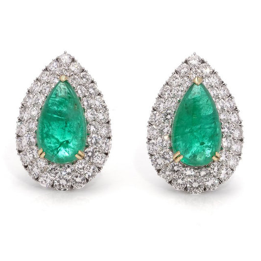 Pear Cabochon Cut Emerald and Diamond Double Cluster Earrings, Emeralds 23.36 carats Diamond 10.03 carats