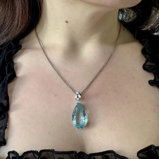 Pear Cut 21.55ct Aquamarine and Diamond Pendant