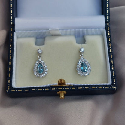 Pear Cut Aquamarine and Diamond Cluster Drop Earrings, 1.18ct