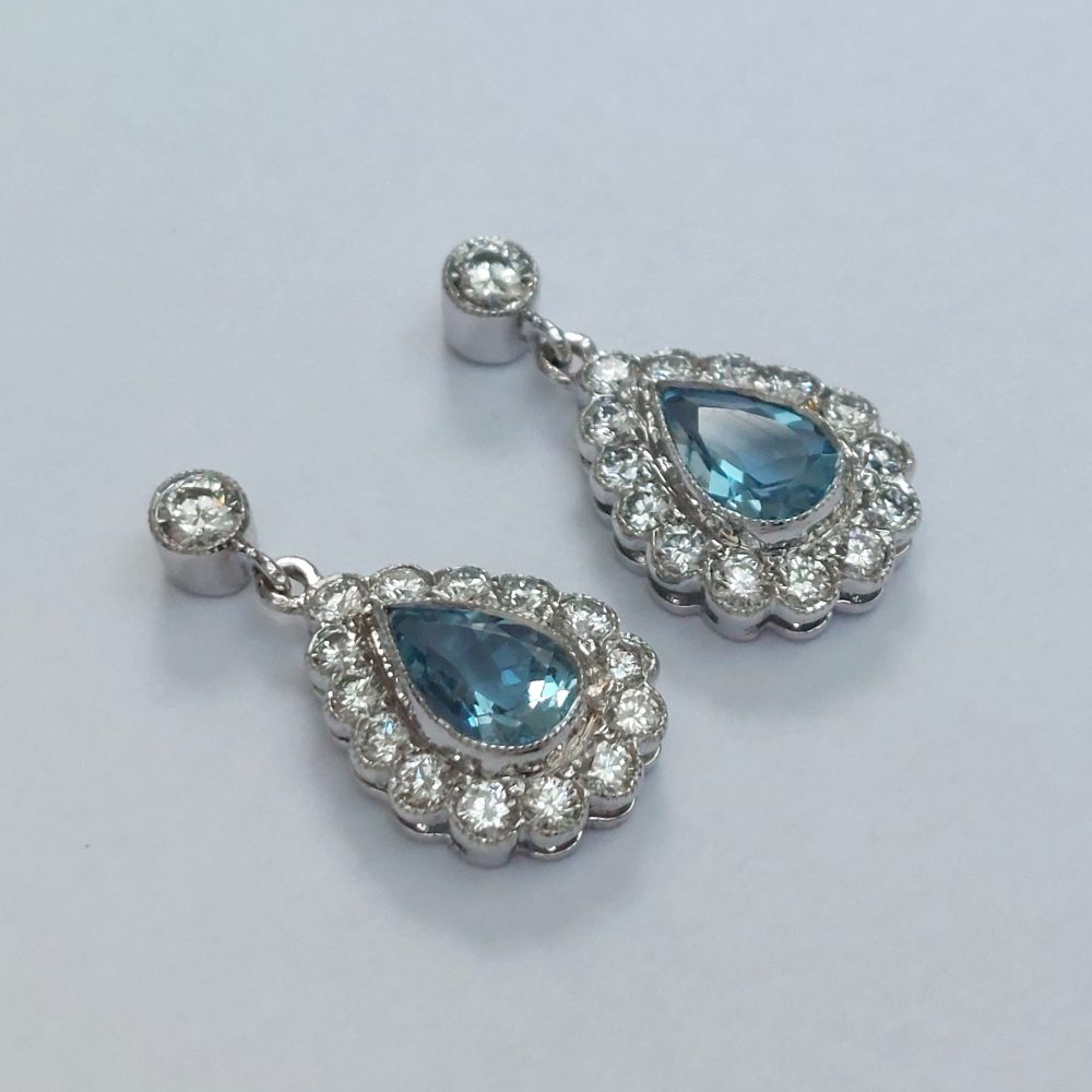Pear Cut Aquamarine and Diamond Cluster Drop Earrings, 1.18ct