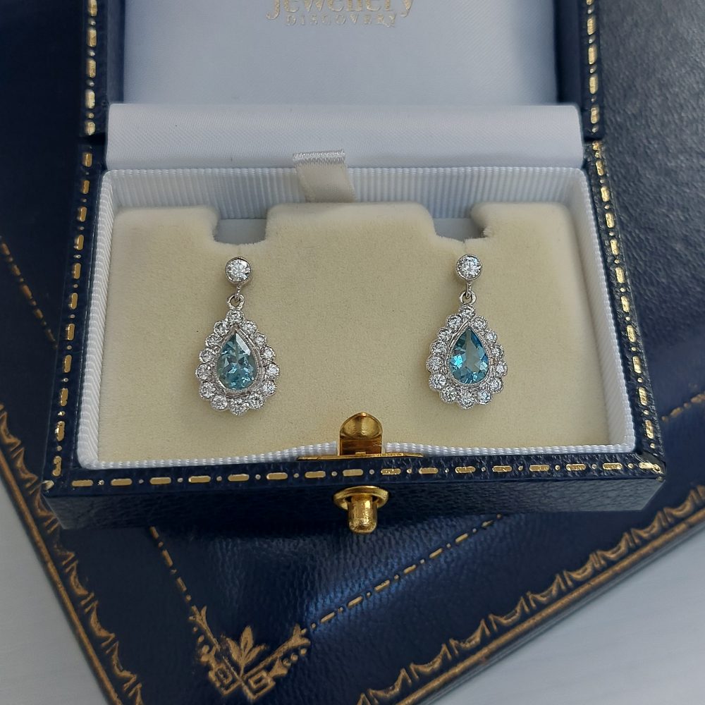 Pear Cut Aquamarine and Diamond Cluster Drop Earrings, 1.18ct