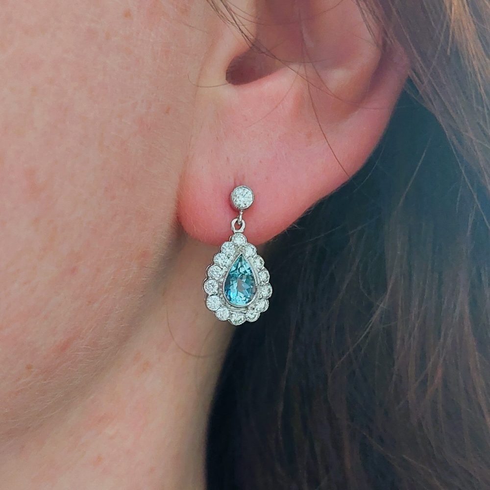 Pear Cut Aquamarine and Diamond Cluster Drop Earrings, 1.18ct