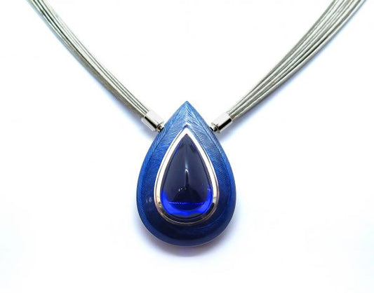 Pear Shape Cabochon Tanzanite and Enamel Pendant