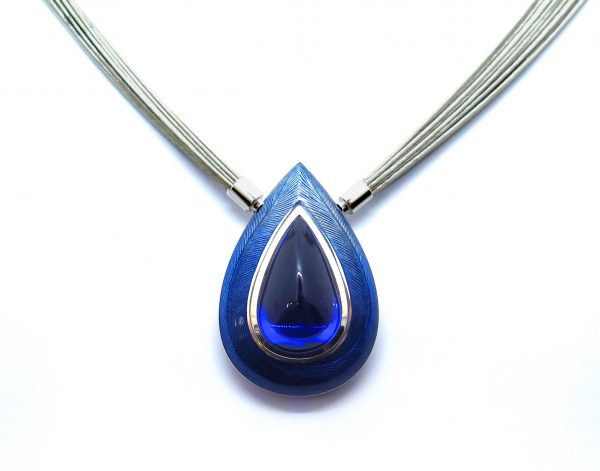 Pear Shape Cabochon Tanzanite and Enamel Pendant