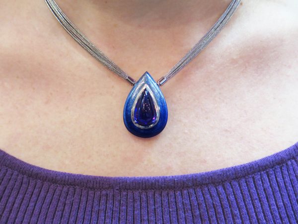 Pear Shape Cabochon Tanzanite and Enamel Pendant
