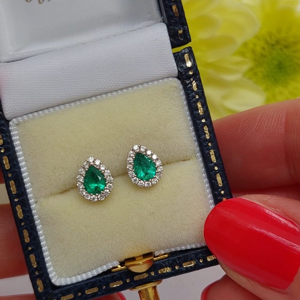 Pear Shape Cut 0.46ct Emerald and Diamond Earrings