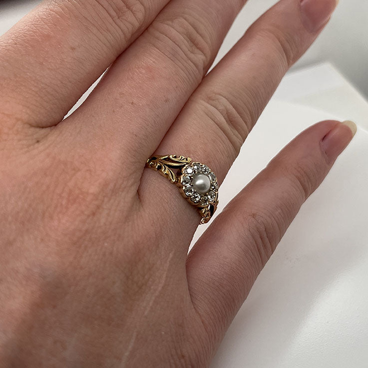 Antique Victorian Pearl and Diamond Cluster Engagement Ring in 18ct Yellow Gold
